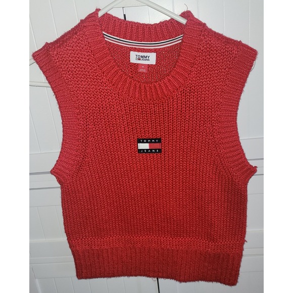 Tommy Hilfiger Jackets & Blazers - Tommy‎ Jeans Red Knit Sleeveless Sweater Vest Crop M 90s style holidays!